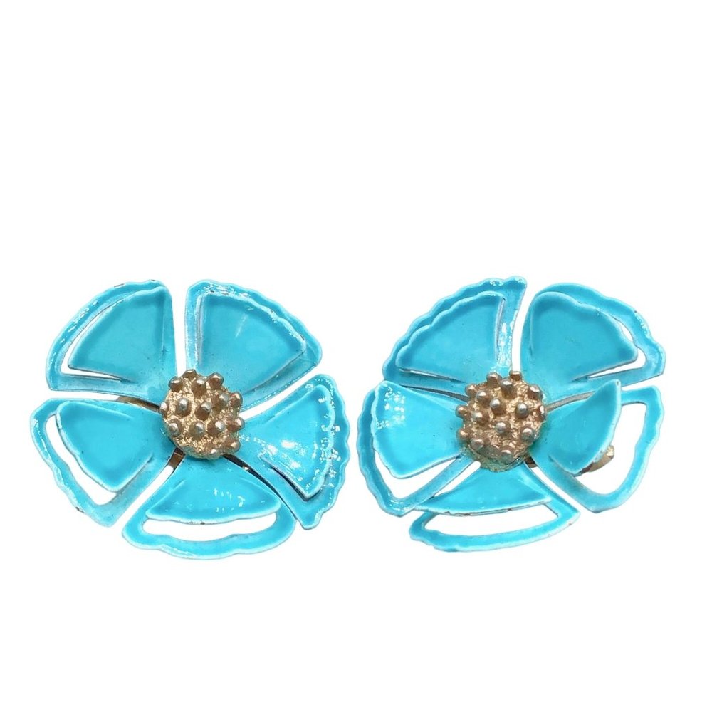 Teal Blue Enamel Flowers Earrings Clip On Flower Power 70s Fun Colorful Jewelry